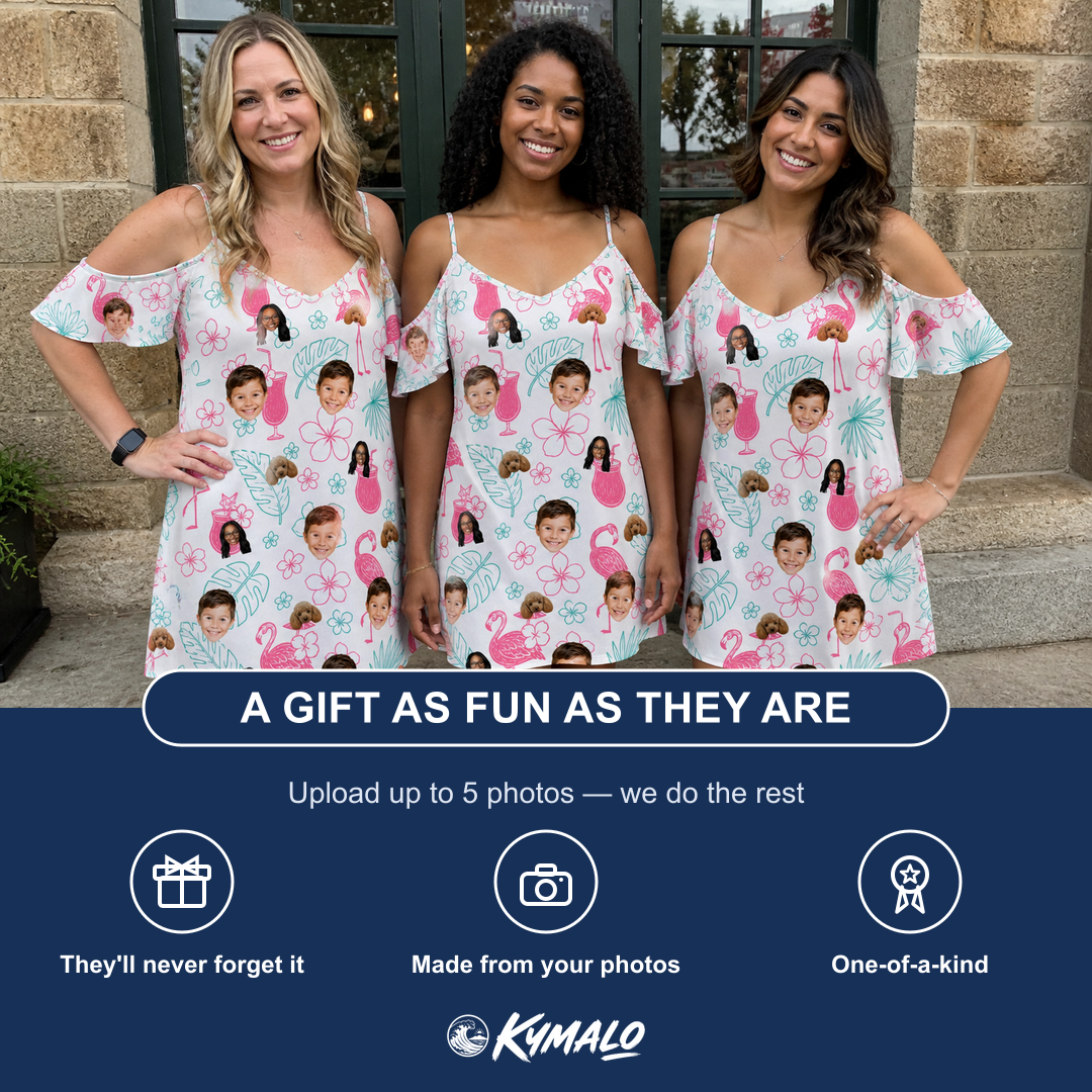 Friends in matching Women's Pink Pours Custom Face Off-Shoulder Dress — a group gift photo