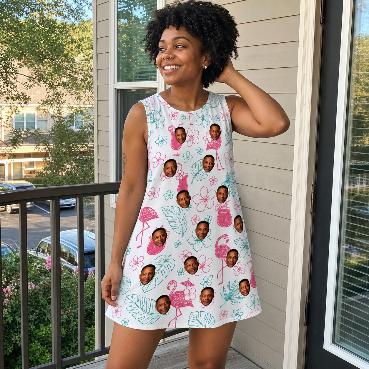 Real-life photo of someone wearing Women's Pink Pours Custom Face Tank Dress — custom faces printed all-over