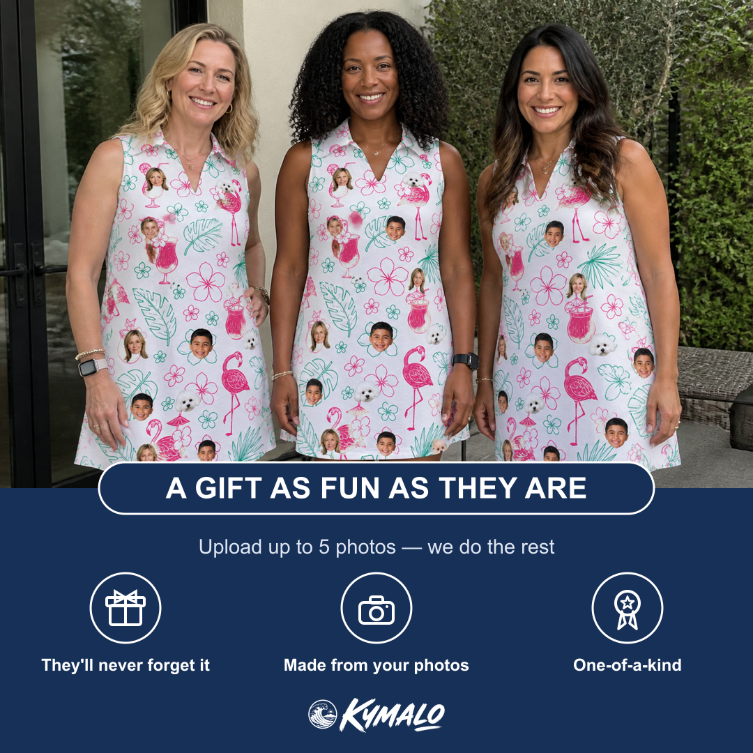 Friends in matching Women's Pink Pours Custom Face V-Neck Dress — a group gift photo