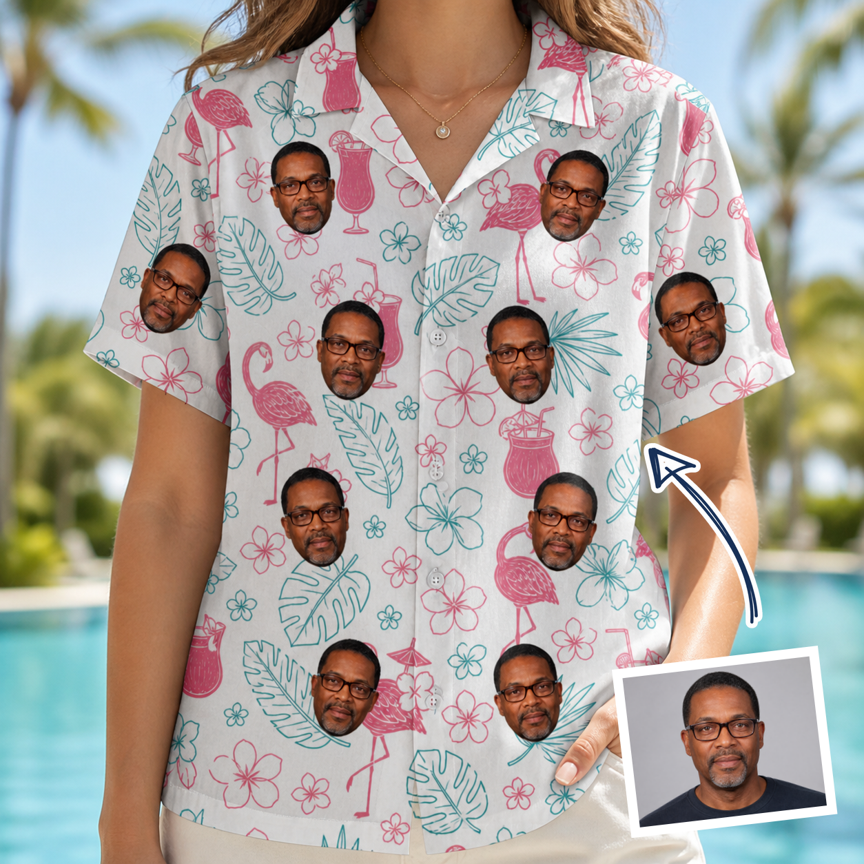 Woman wearing Women's Pink Pours Custom Face Hawaiian Shirt — custom faces printed all-over