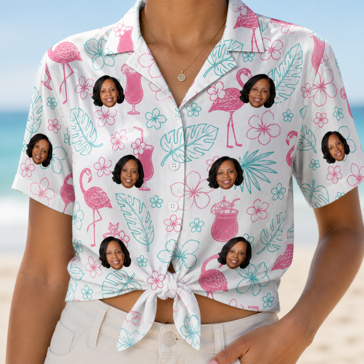 Woman wearing Women's Pink Pours Custom Face Hawaiian Shirt tied at the waist