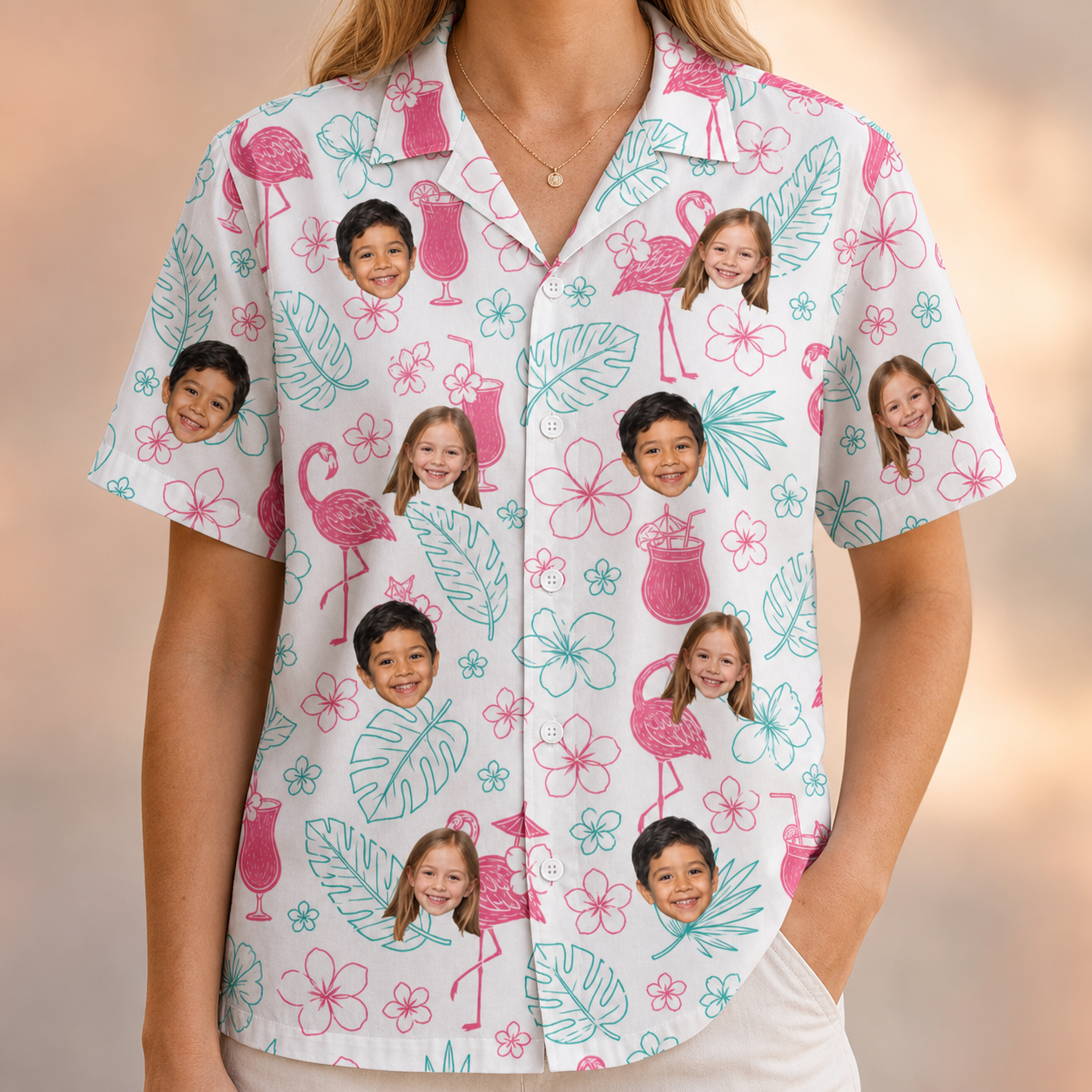 Model wearing Women's Pink Pours Custom Face Hawaiian Shirt printed with kids' faces