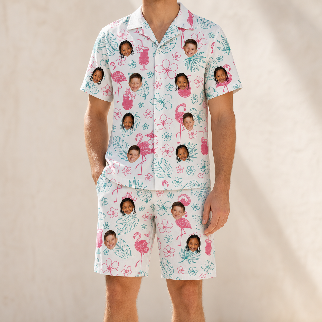 Model wearing Men's Pink Pours Custom Face Shirt & Shorts Set printed with kids' faces