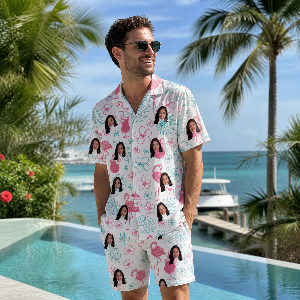 Real-life photo of someone wearing Men's Pink Pours Custom Face Shirt & Shorts Set — custom faces printed all-over