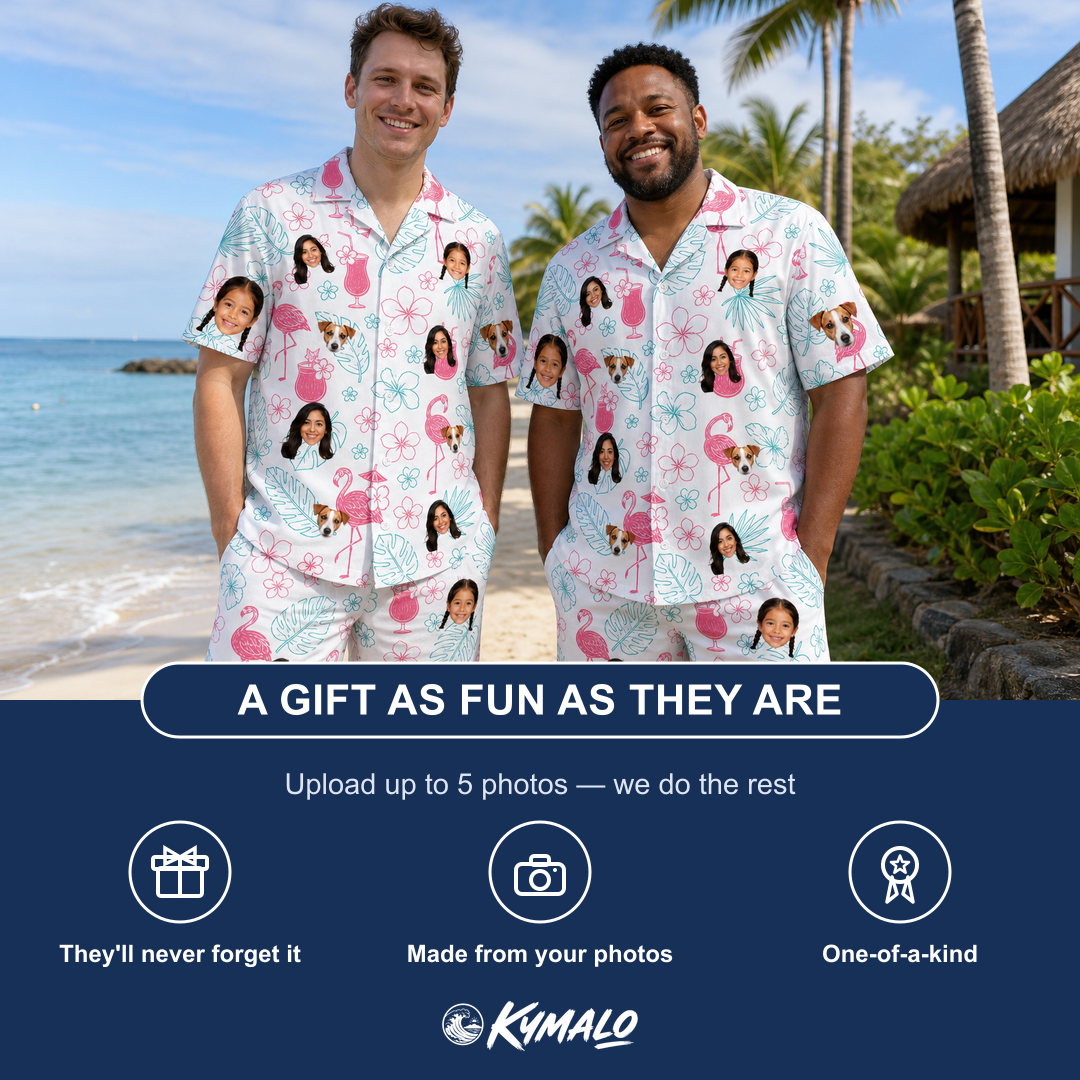 Friends in matching Men's Pink Pours Custom Face Shirt & Shorts Set — a group gift photo