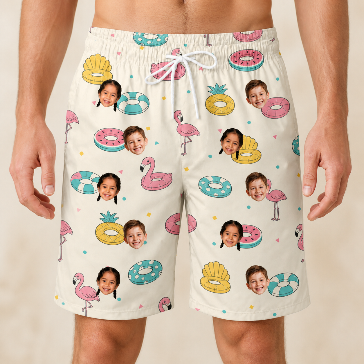 Model wearing Men's Rosy Rafties Custom Face Beach Shorts printed with kids' faces