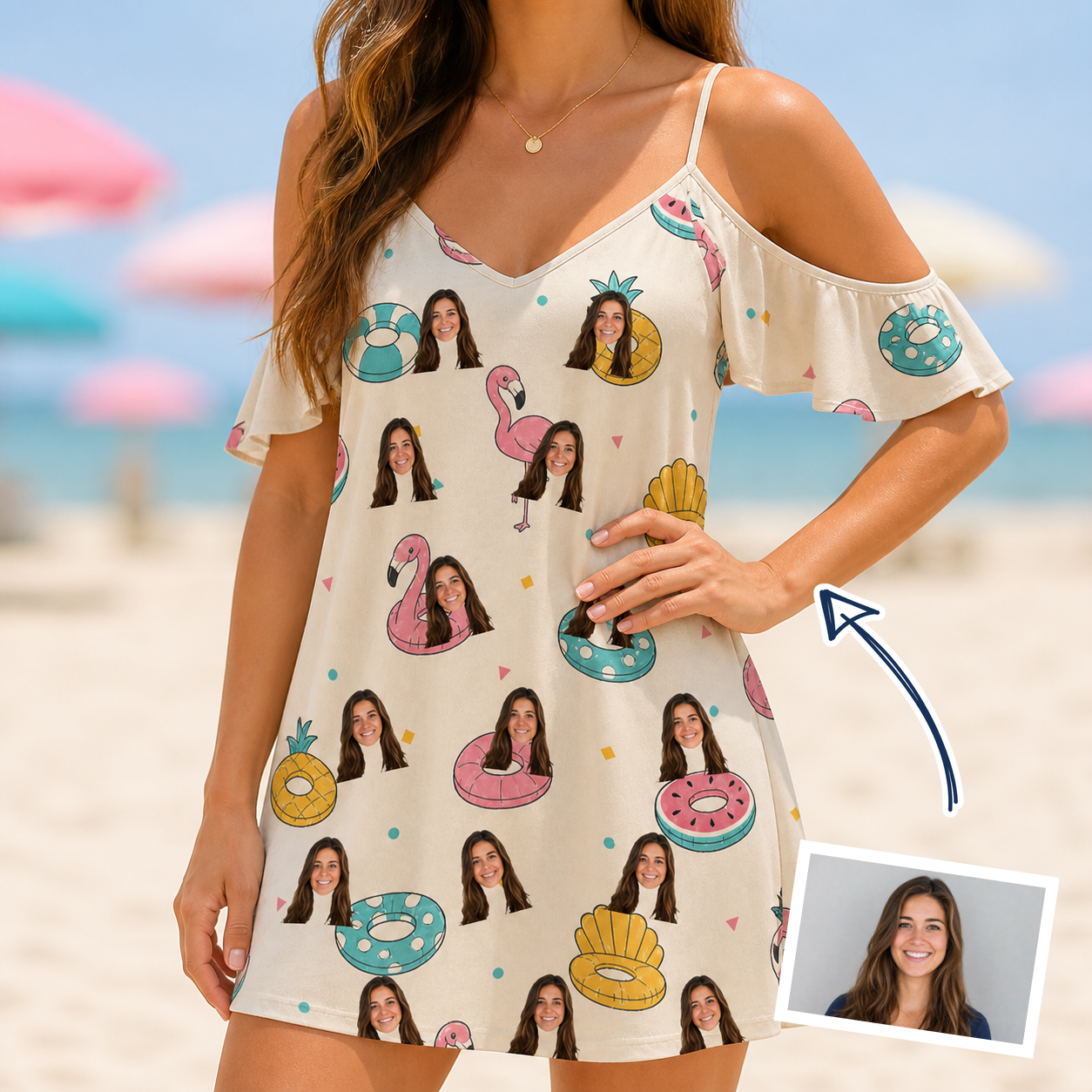Woman wearing Women's Rosy Rafties Custom Face Off-Shoulder Dress — custom faces printed all-over