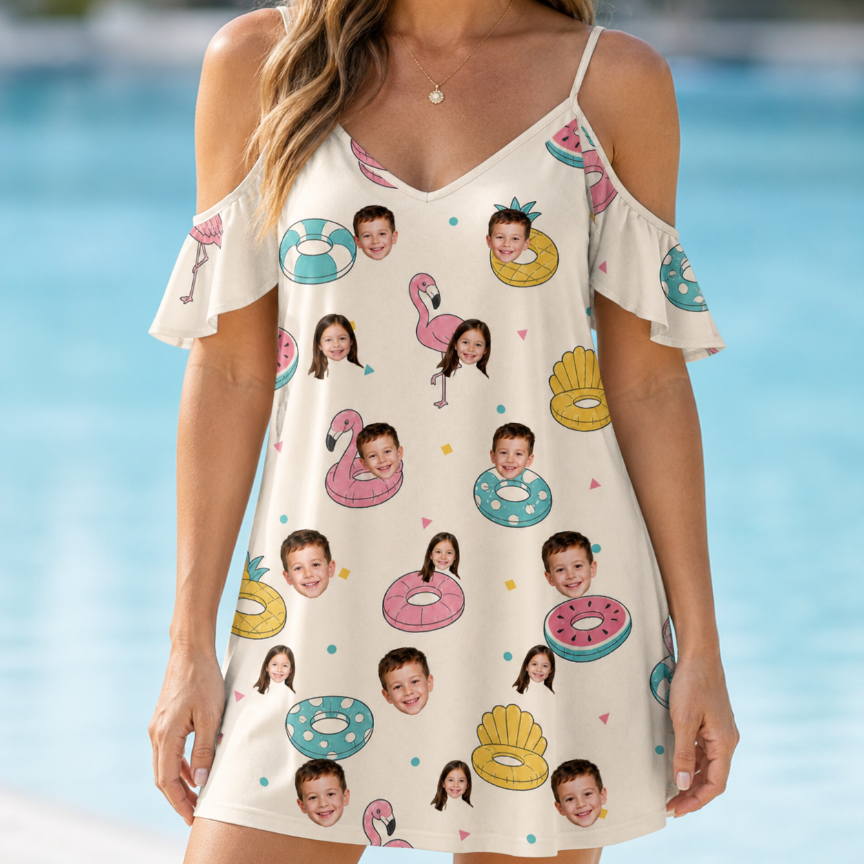 Model wearing Women's Rosy Rafties Custom Face Off-Shoulder Dress printed with kids' faces