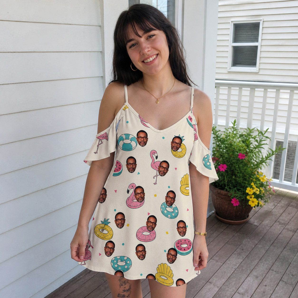 Real-life photo of someone wearing Women's Rosy Rafties Custom Face Off-Shoulder Dress — custom faces printed all-over