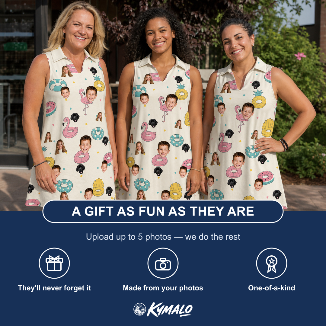 Friends in matching Women's Rosy Rafties Custom Face V-Neck Dress — a group gift photo