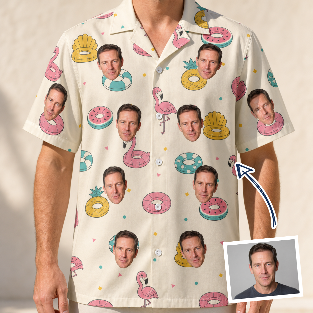 Man wearing Men's Rosy Rafties Custom Face Hawaiian Shirt — custom faces printed all-over