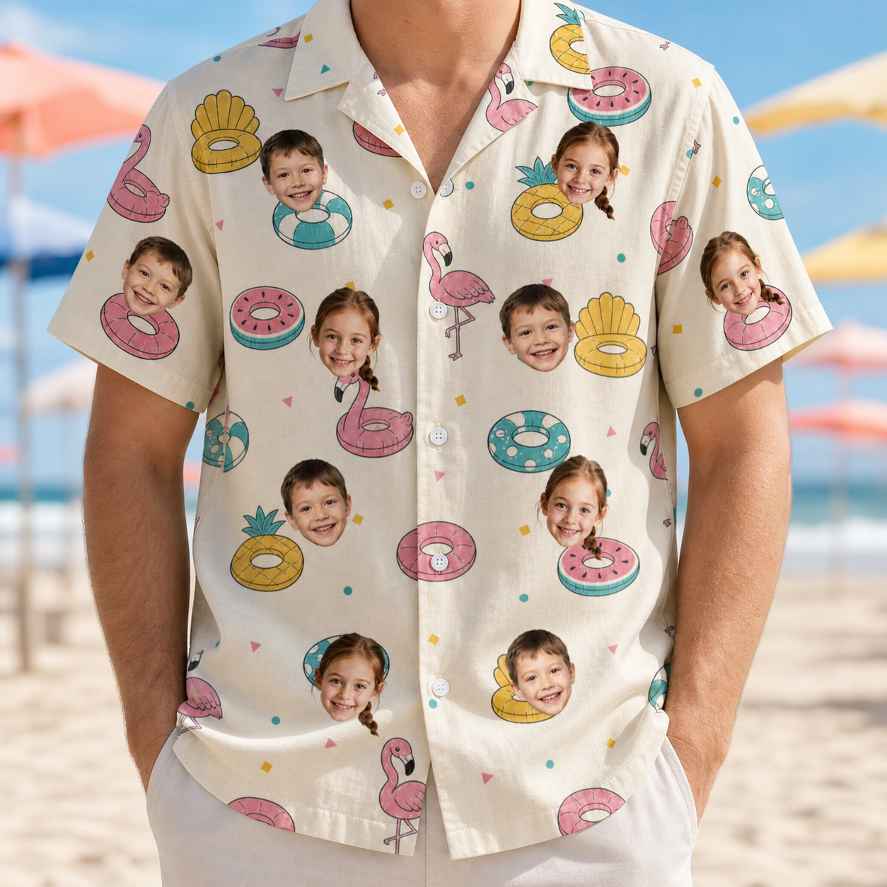 Model wearing Men's Rosy Rafties Custom Face Hawaiian Shirt printed with kids' faces