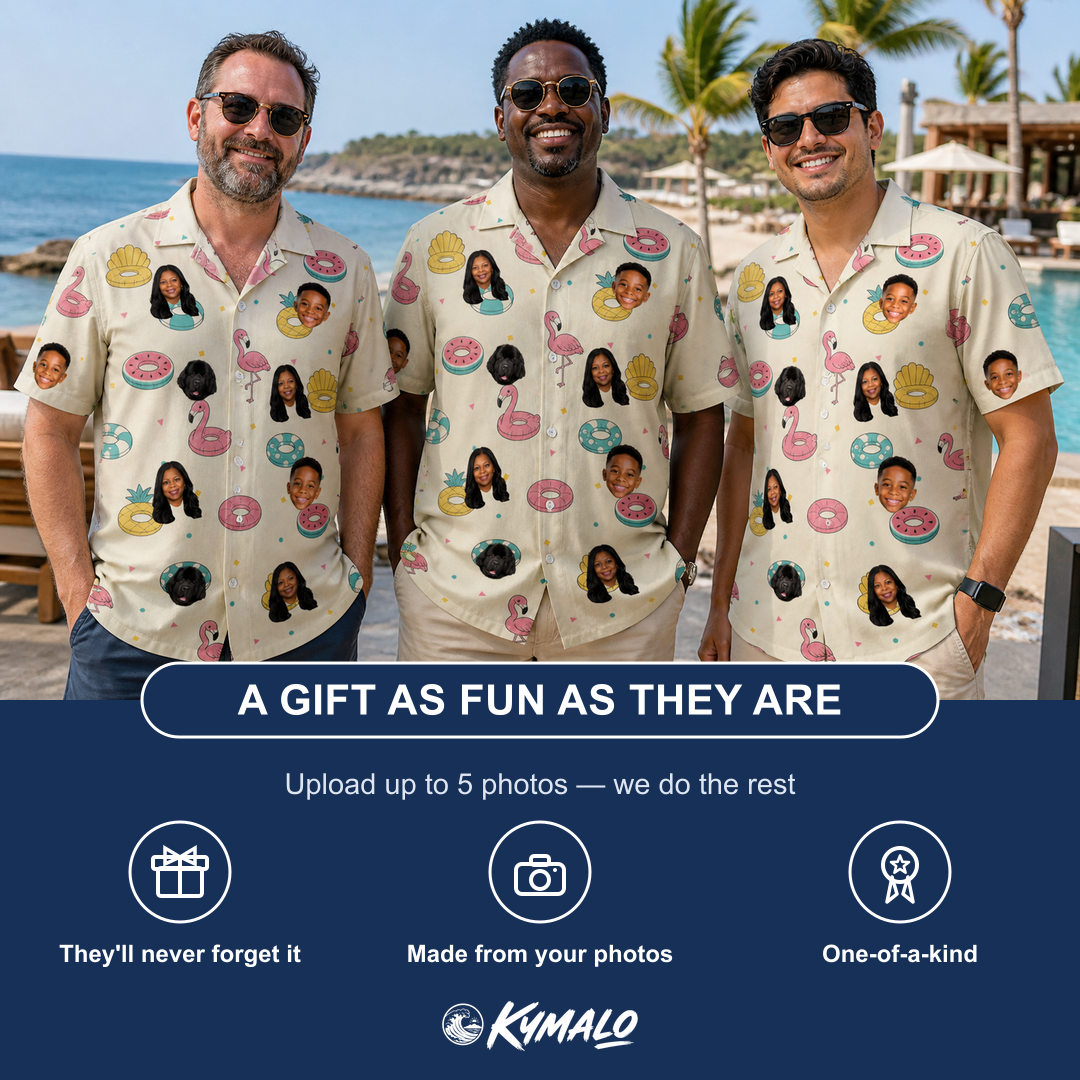 Friends in matching Men's Rosy Rafties Custom Face Hawaiian Shirt — a group gift photo