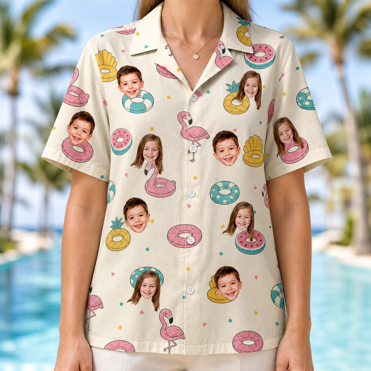 Model wearing Women's Rosy Rafties Custom Face Hawaiian Shirt printed with kids' faces