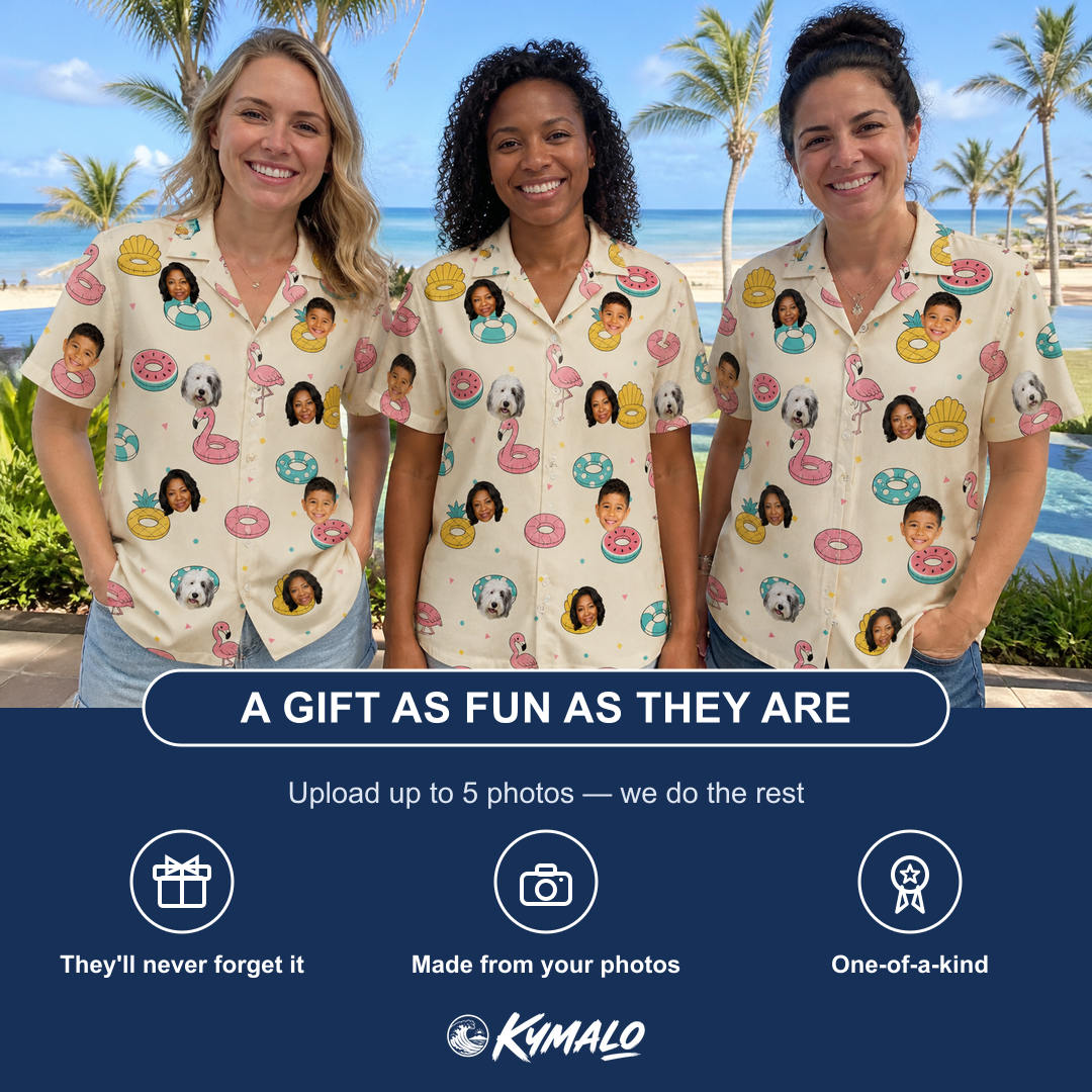 Friends in matching Women's Rosy Rafties Custom Face Hawaiian Shirt — a group gift photo