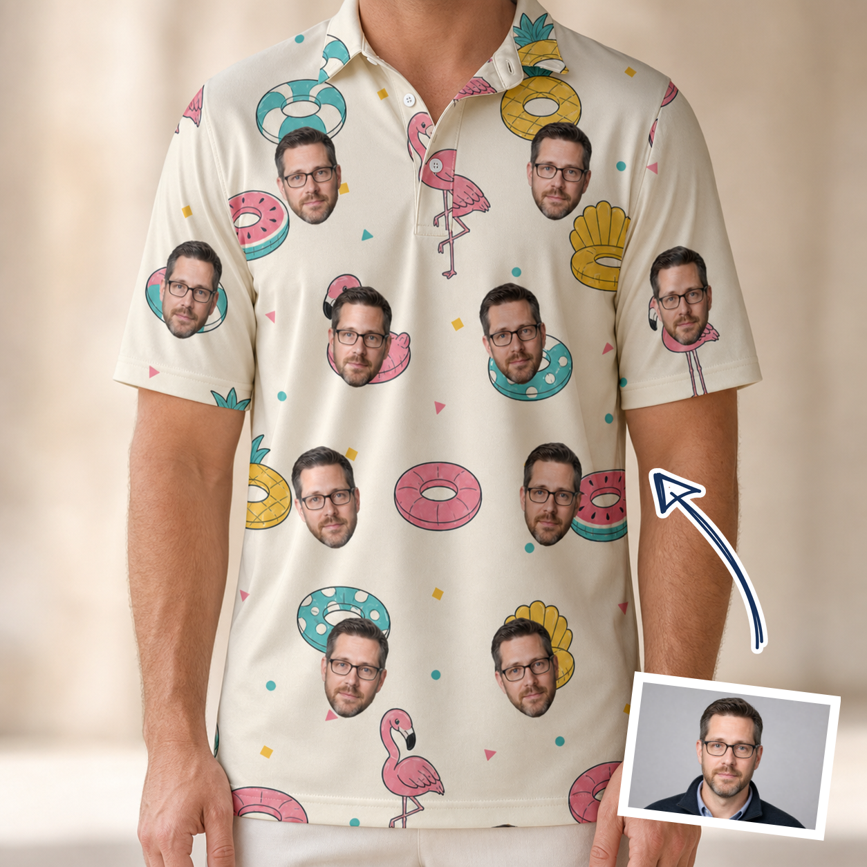 Man wearing Men's Rosy Rafties Custom Face Polo Shirt — custom faces printed all-over