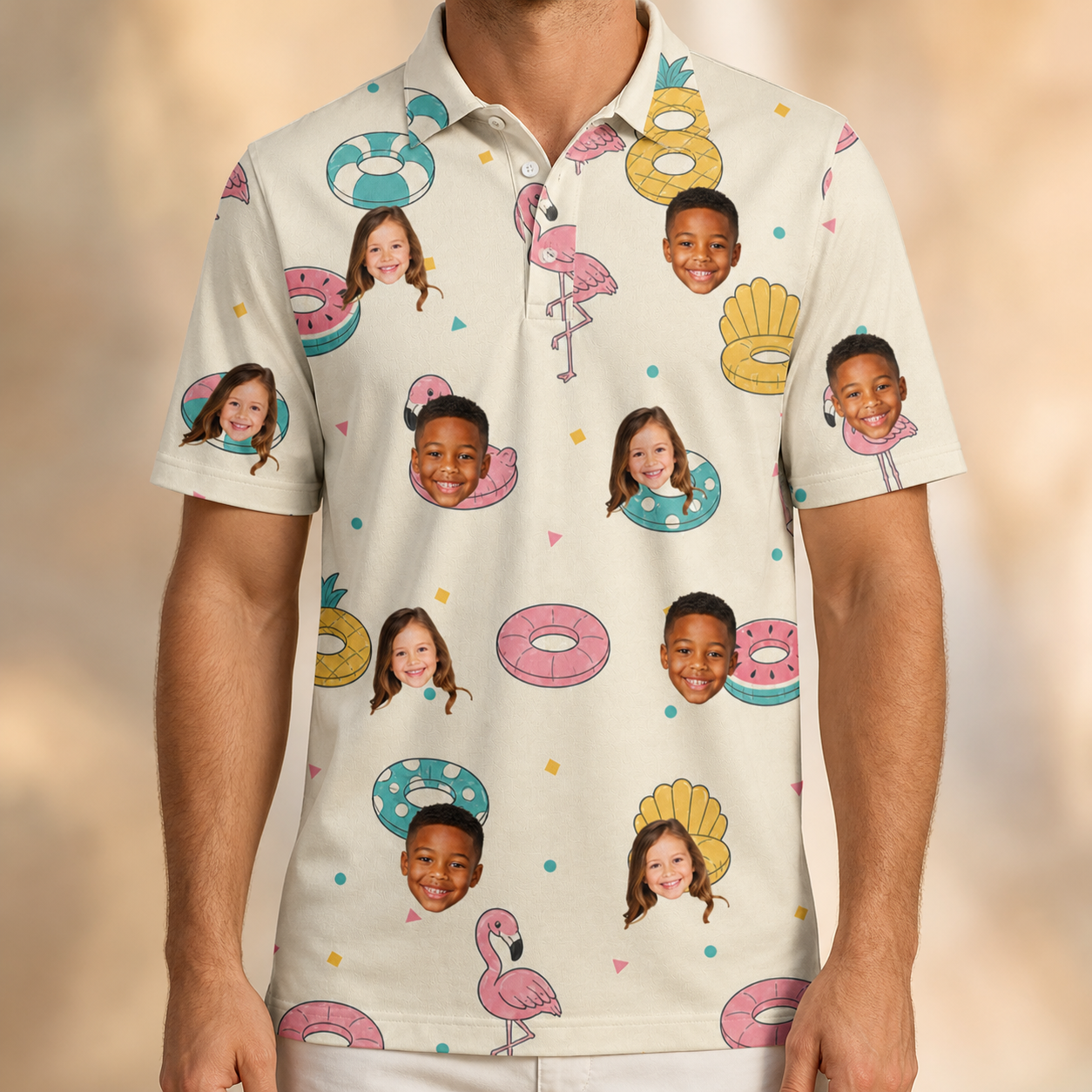 Model wearing Men's Rosy Rafties Custom Face Polo Shirt printed with kids' faces