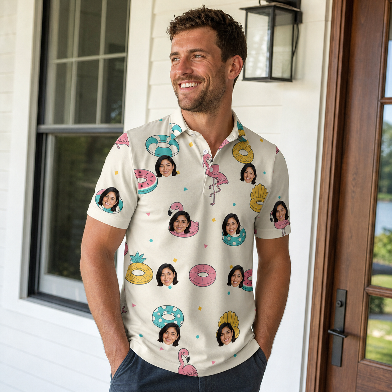 Real-life photo of someone wearing Men's Rosy Rafties Custom Face Polo Shirt — custom faces printed all-over