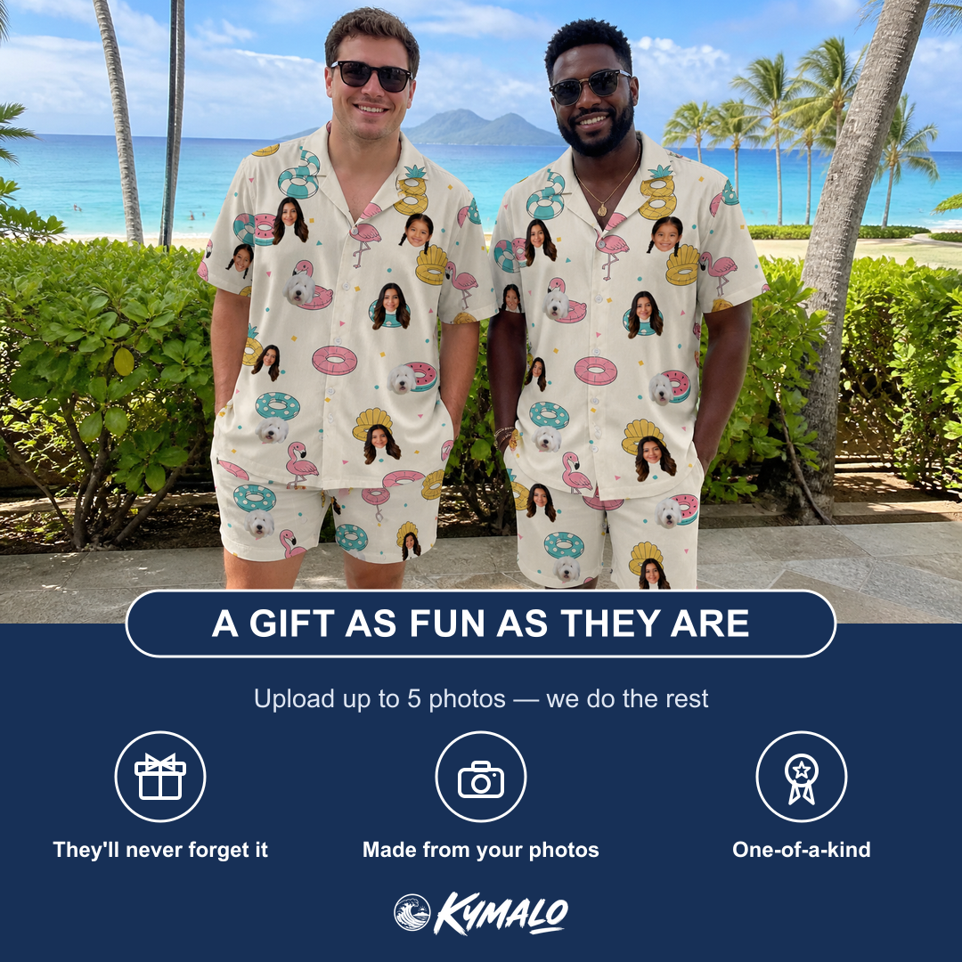 Friends in matching Men's Rosy Rafties Custom Face Shirt & Shorts Set — a group gift photo