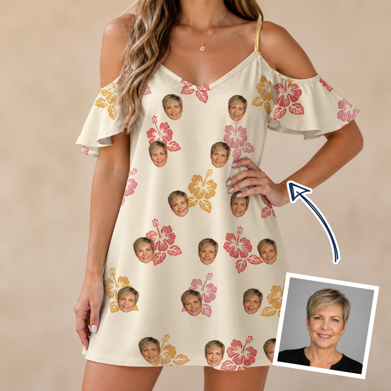 Woman wearing Women's Hibiscus Hustle Custom Face Off-Shoulder Dress — custom faces printed all-over