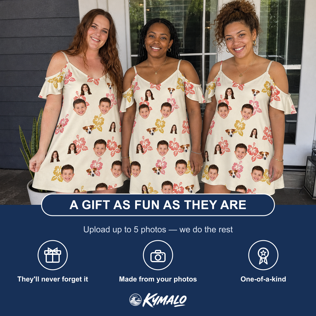 Friends in matching Women's Hibiscus Hustle Custom Face Off-Shoulder Dress — a group gift photo