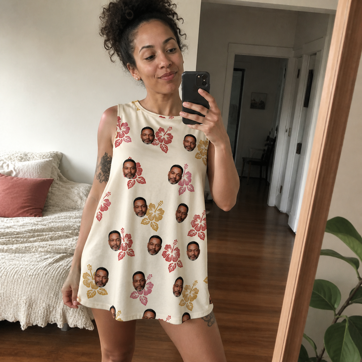 Real-life photo of someone wearing Women's Hibiscus Hustle Custom Face Tank Dress — custom faces printed all-over
