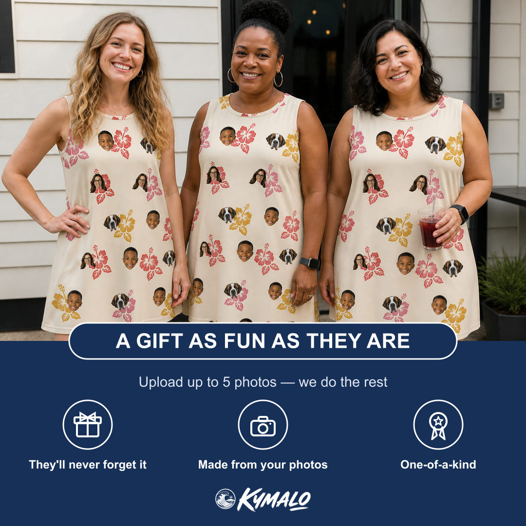 Friends in matching Women's Hibiscus Hustle Custom Face Tank Dress — a group gift photo
