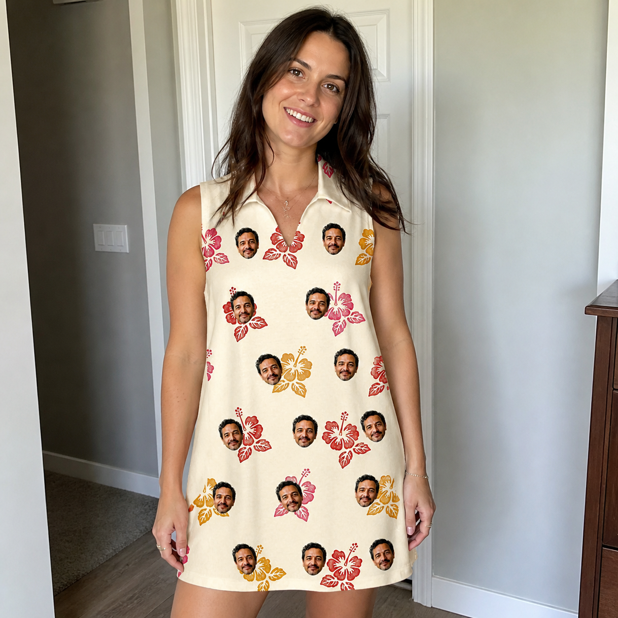 Real-life photo of someone wearing Women's Hibiscus Hustle Custom Face V-Neck Dress — custom faces printed all-over