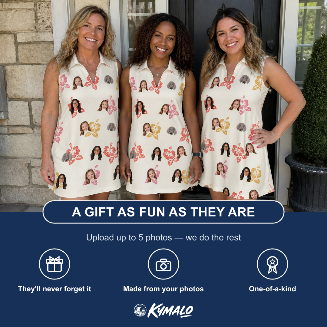 Friends in matching Women's Hibiscus Hustle Custom Face V-Neck Dress — a group gift photo