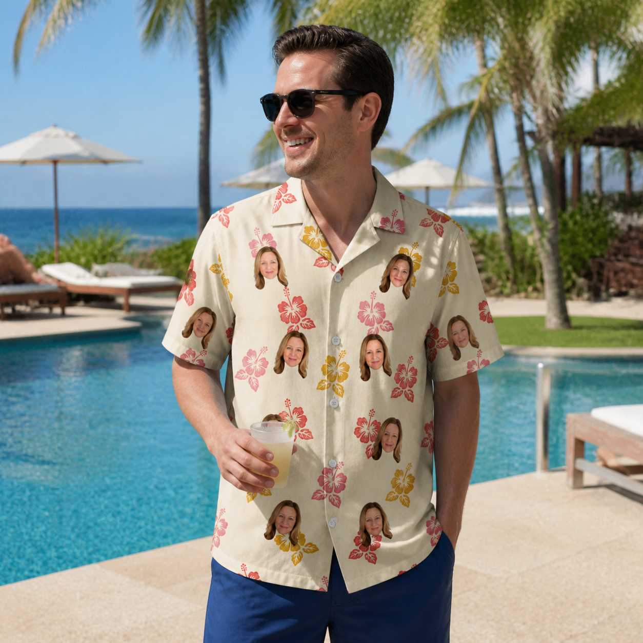 Real-life photo of someone wearing Men's Hibiscus Hustle Custom Face Hawaiian Shirt — custom faces printed all-over