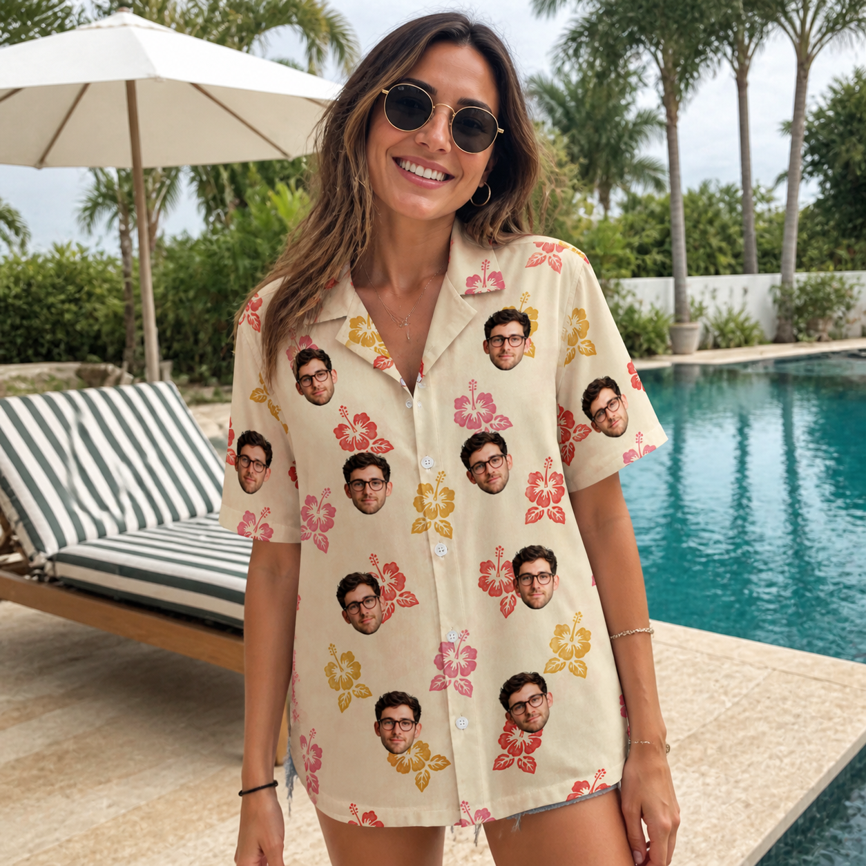 Real-life photo of someone wearing Women's Hibiscus Hustle Custom Face Hawaiian Shirt — custom faces printed all-over