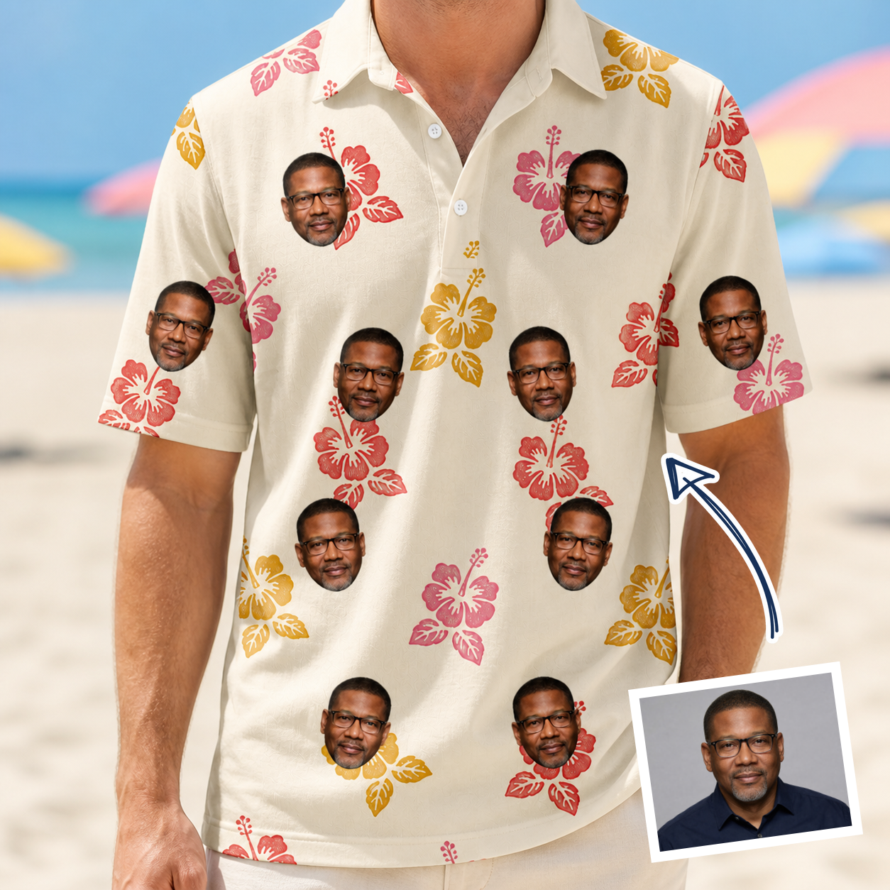 Man wearing Men's Hibiscus Hustle Custom Face Polo Shirt — custom faces printed all-over