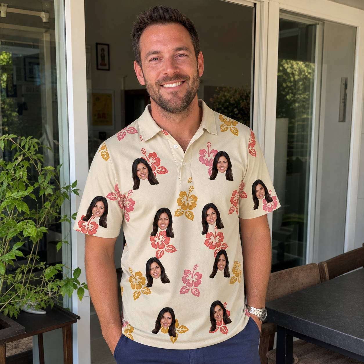 Real-life photo of someone wearing Men's Hibiscus Hustle Custom Face Polo Shirt — custom faces printed all-over