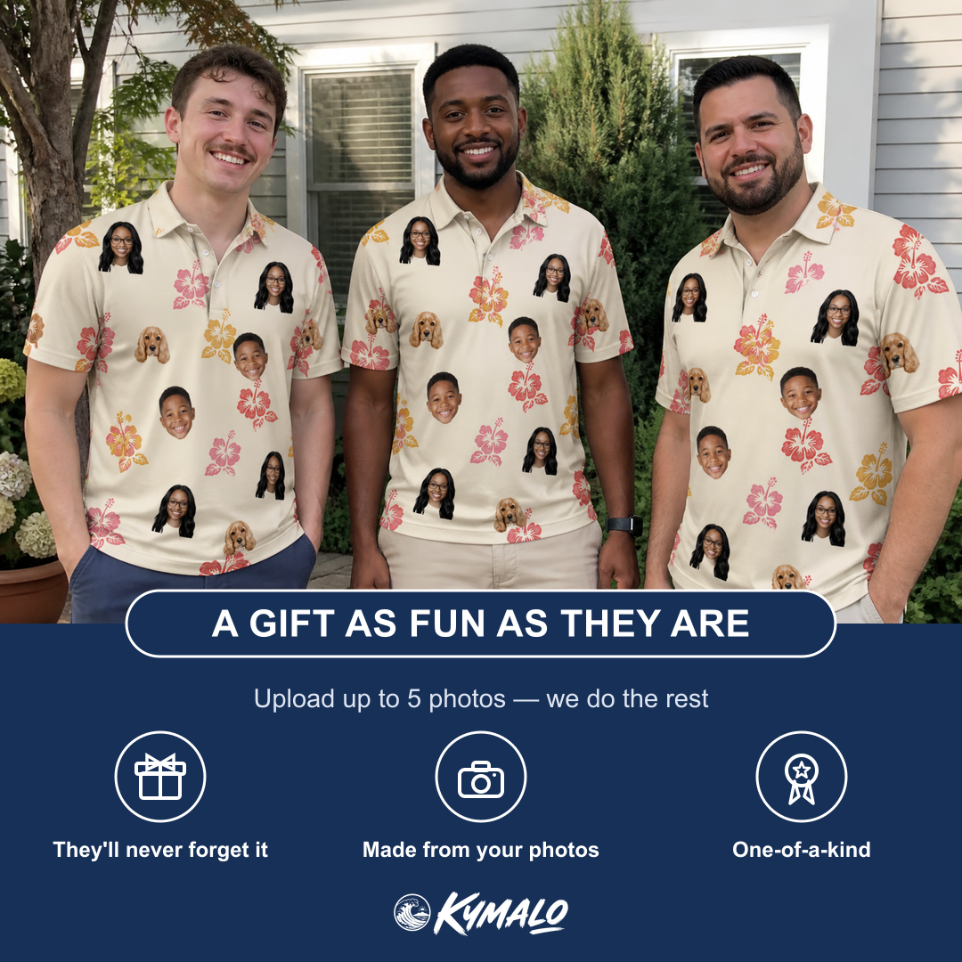 Friends in matching Men's Hibiscus Hustle Custom Face Polo Shirt — a group gift photo