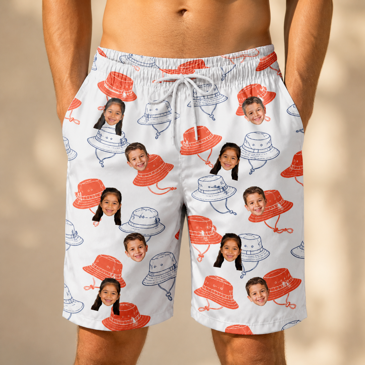 Model wearing Men's Hooked Brims Custom Face Beach Shorts printed with kids' faces