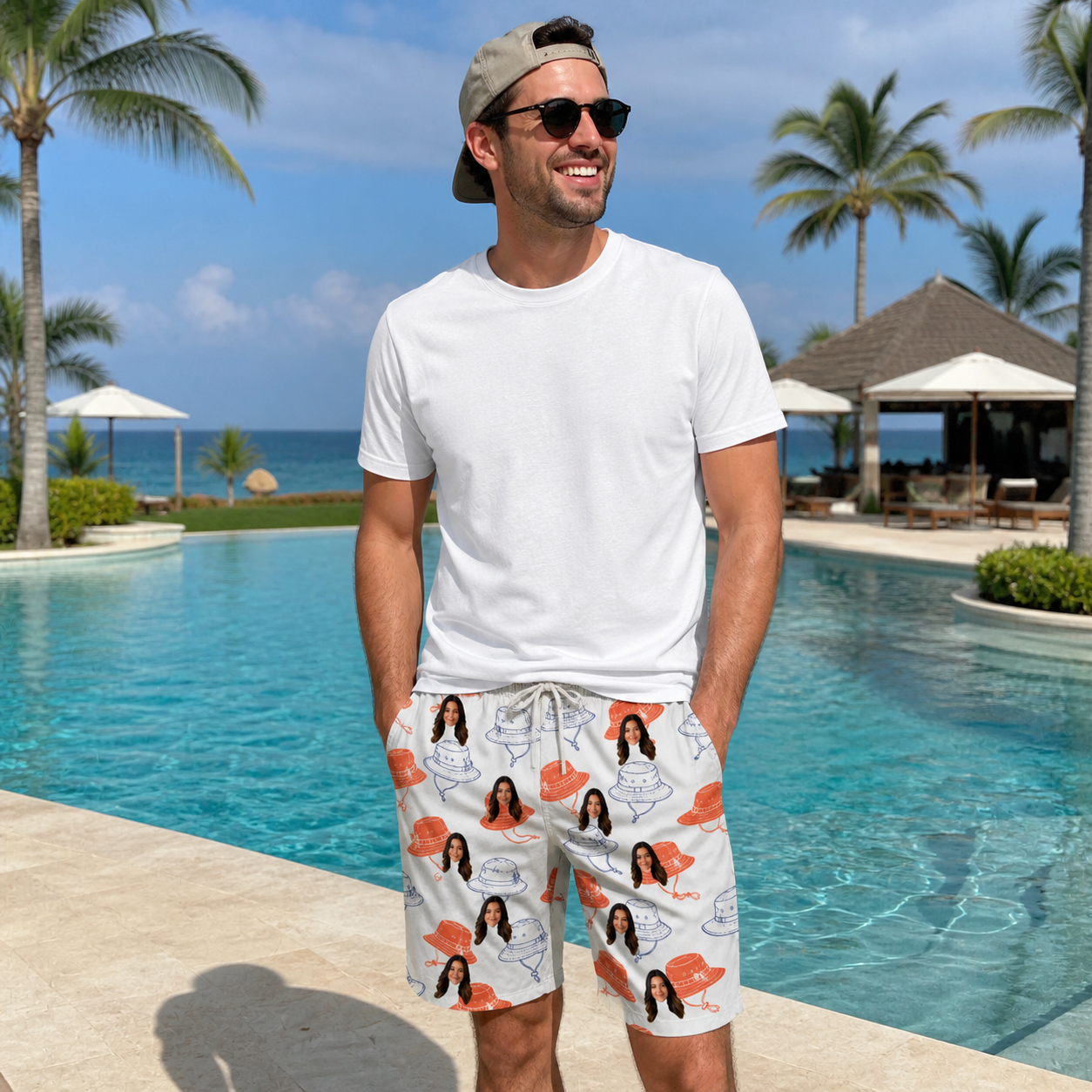 Real-life photo of someone wearing Men's Hooked Brims Custom Face Beach Shorts — custom faces printed all-over