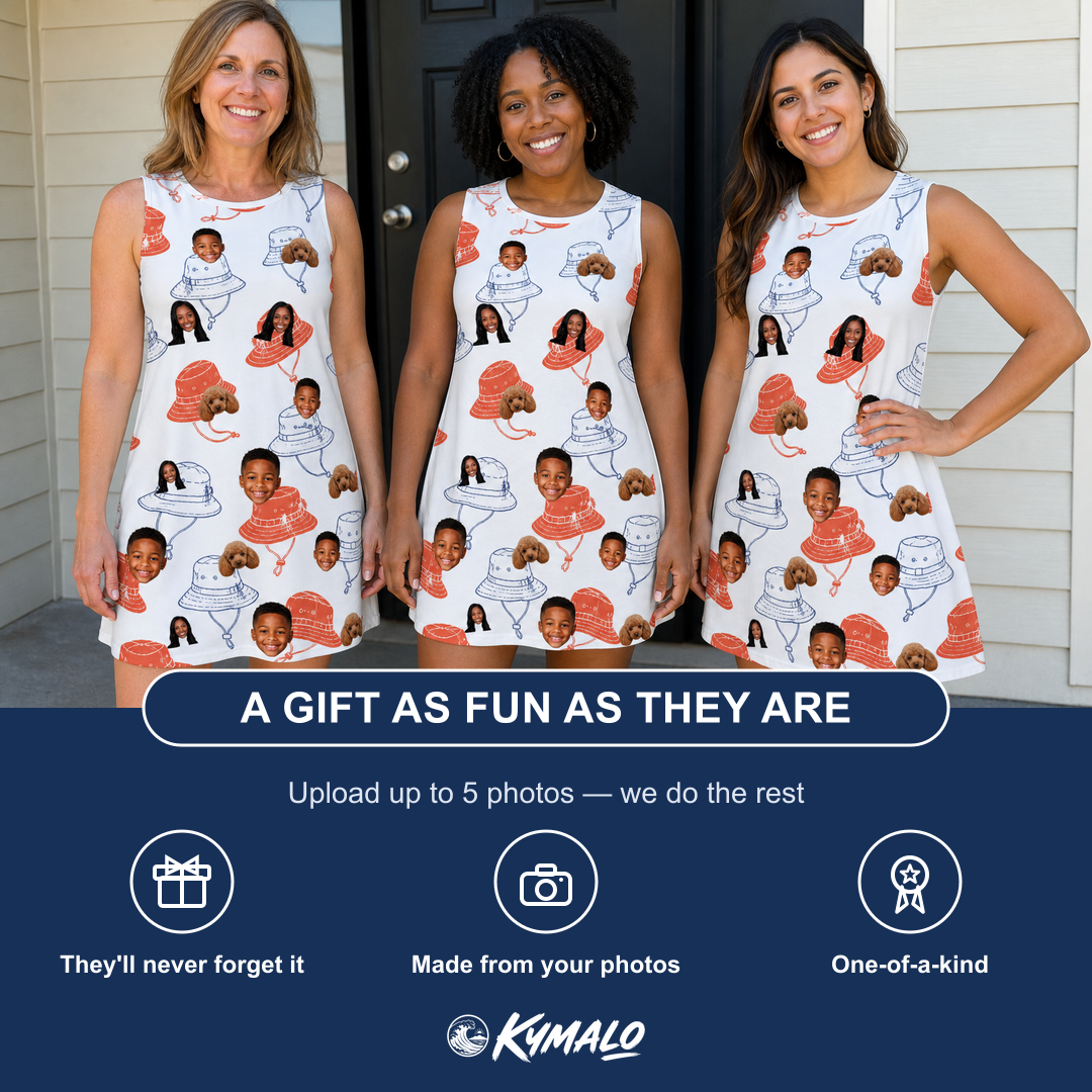 Friends in matching Women's Hooked Brims Custom Face Tank Dress — a group gift photo