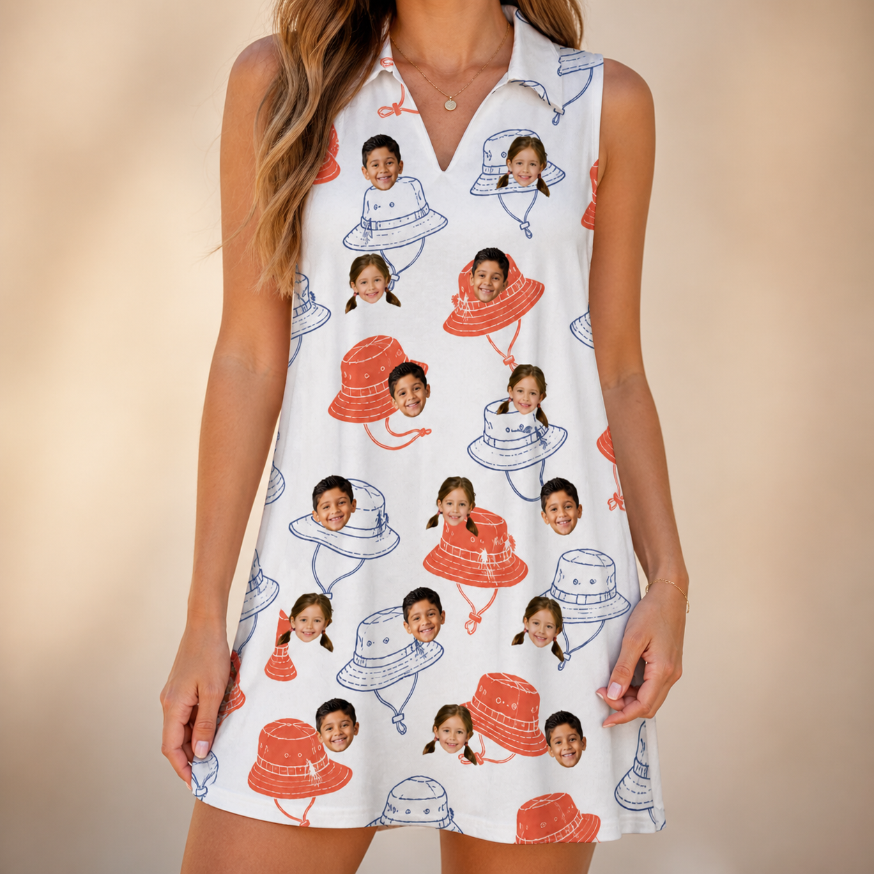 Model wearing Women's Hooked Brims Custom Face V-Neck Dress printed with kids' faces