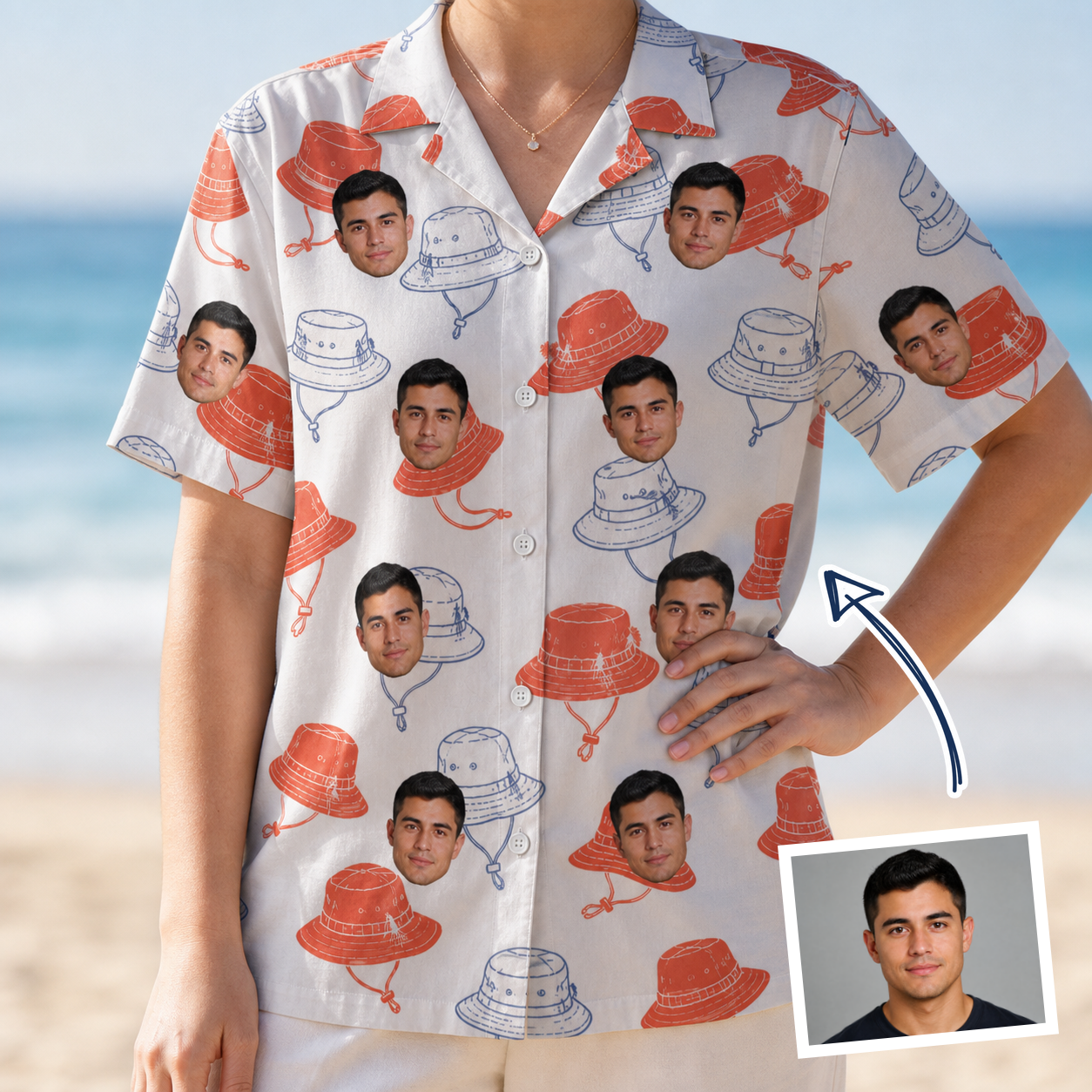Woman wearing Women's Hooked Brims Custom Face Hawaiian Shirt — custom faces printed all-over