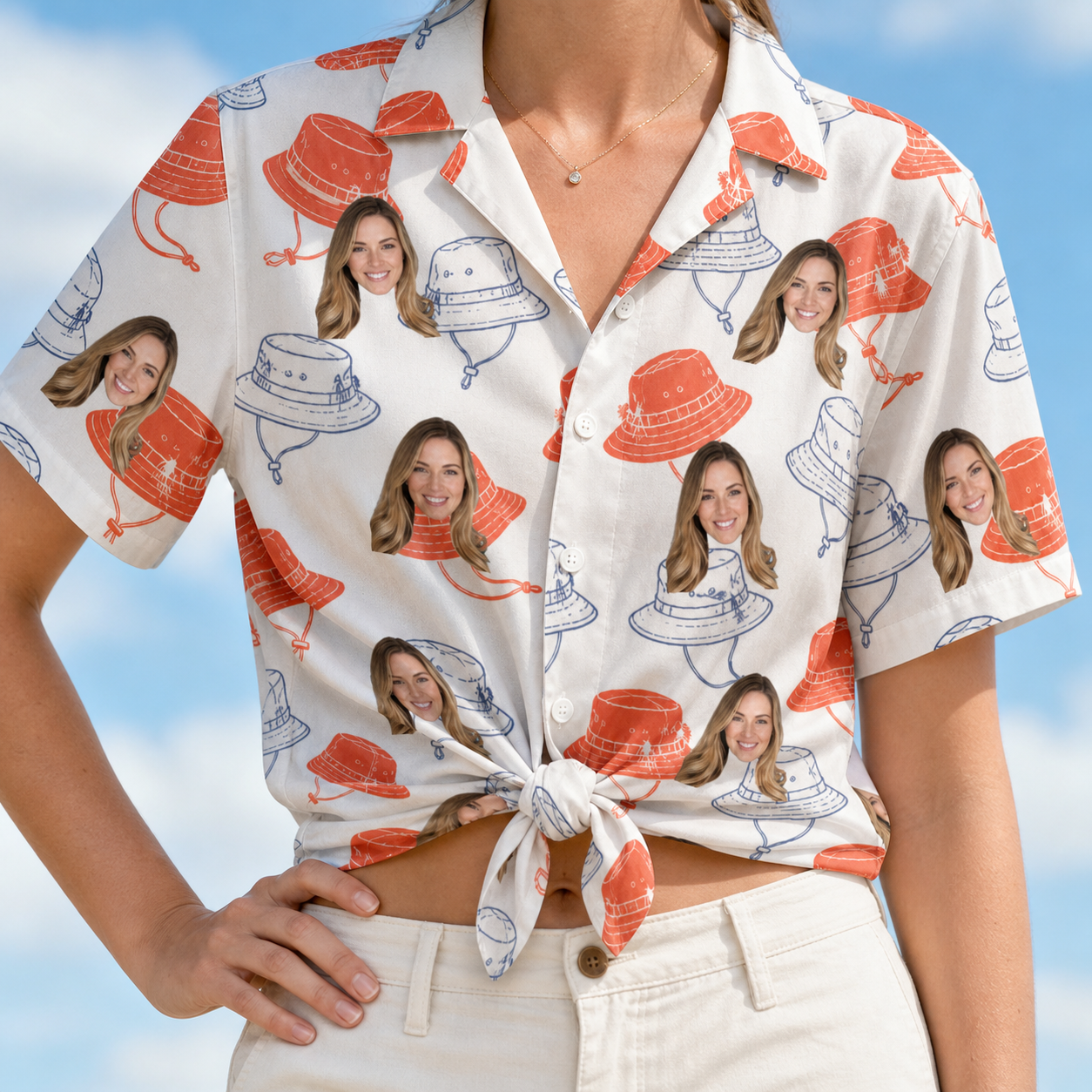 Woman wearing Women's Hooked Brims Custom Face Hawaiian Shirt tied at the waist