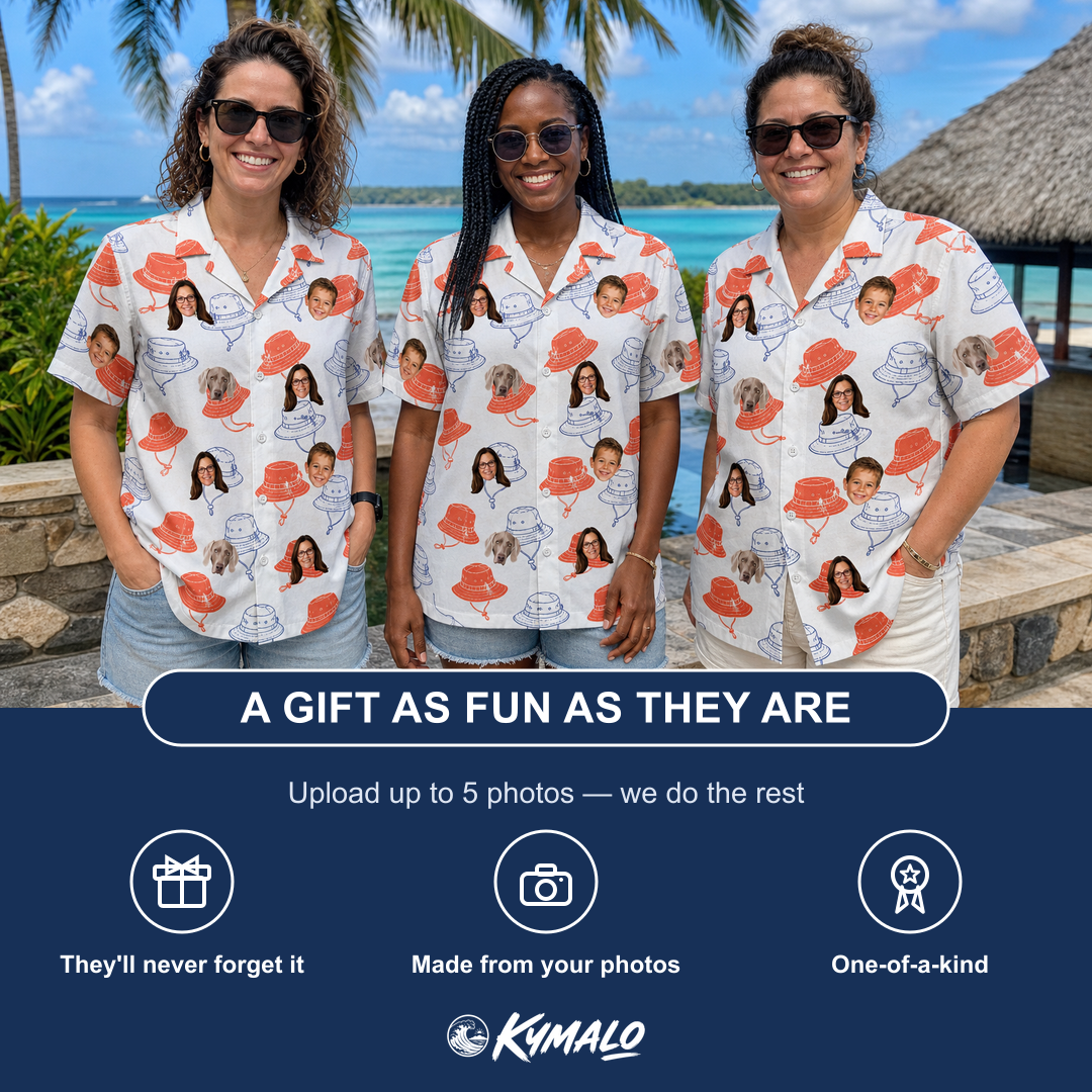 Friends in matching Women's Hooked Brims Custom Face Hawaiian Shirt — a group gift photo