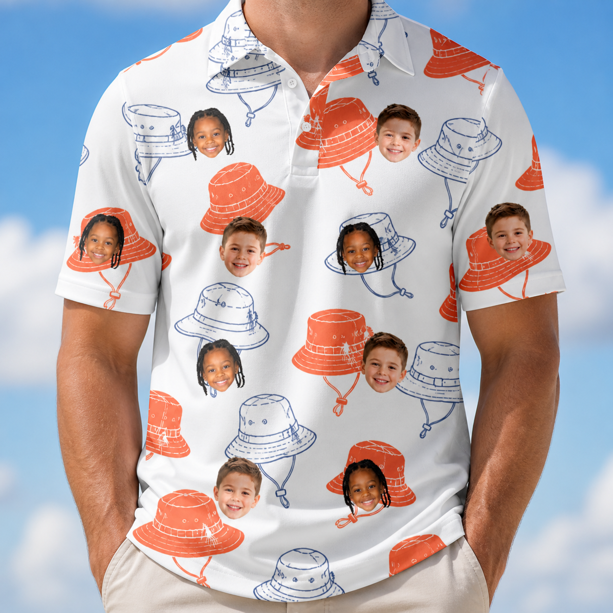 Model wearing Men's Hooked Brims Custom Face Polo Shirt printed with kids' faces