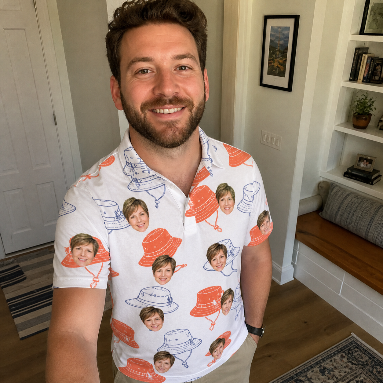 Real-life photo of someone wearing Men's Hooked Brims Custom Face Polo Shirt — custom faces printed all-over