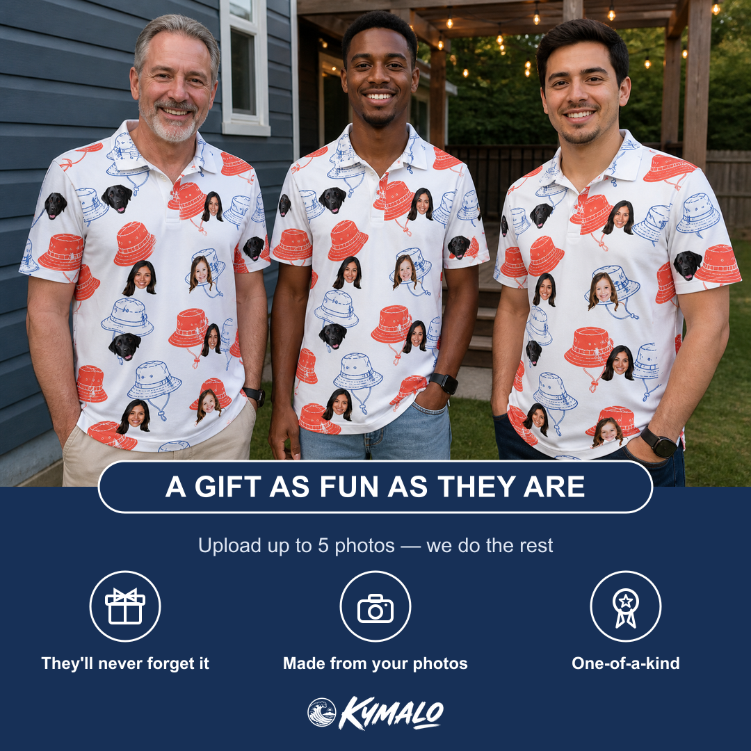 Friends in matching Men's Hooked Brims Custom Face Polo Shirt — a group gift photo