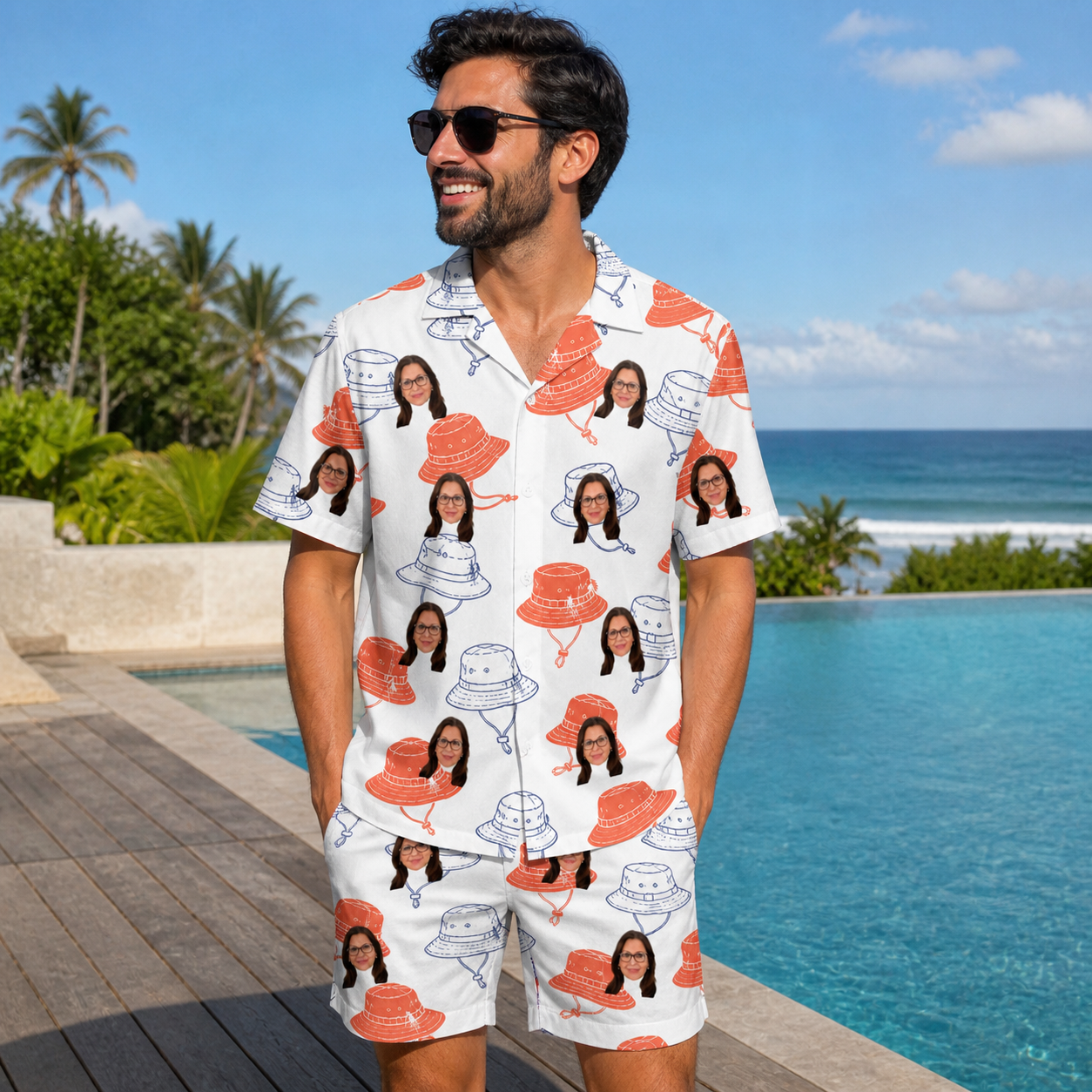 Real-life photo of someone wearing Men's Hooked Brims Custom Face Shirt & Shorts Set — custom faces printed all-over