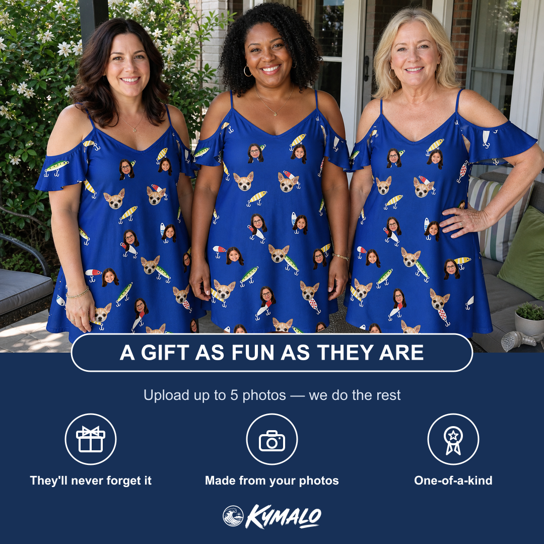 Friends in matching Women's Lure Lore Custom Face Off-Shoulder Dress — a group gift photo