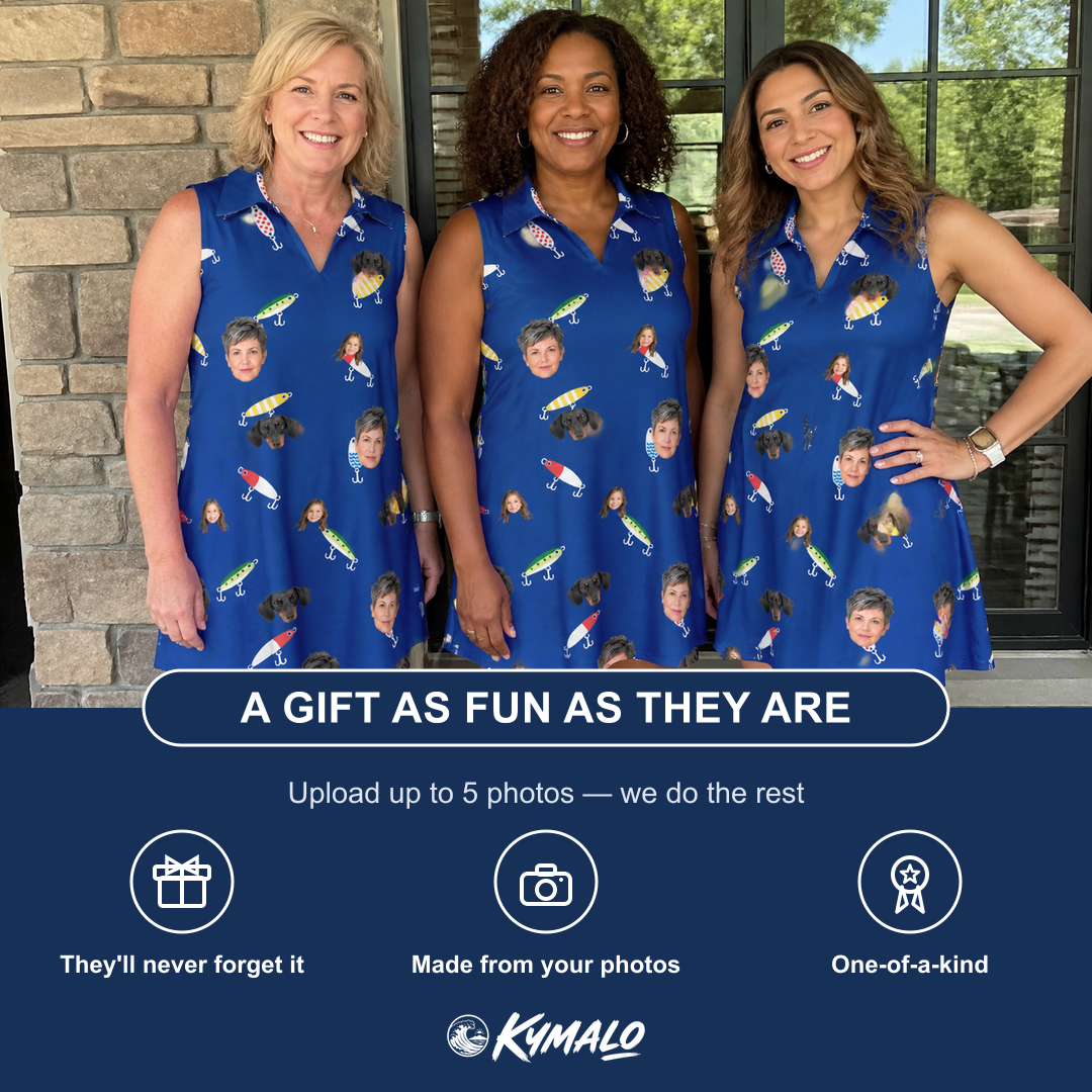 Friends in matching Women's Lure Lore Custom Face V-Neck Dress — a group gift photo