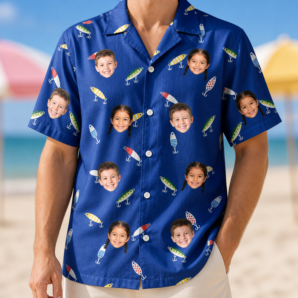 Model wearing Men's Lure Lore Custom Face Hawaiian Shirt printed with kids' faces