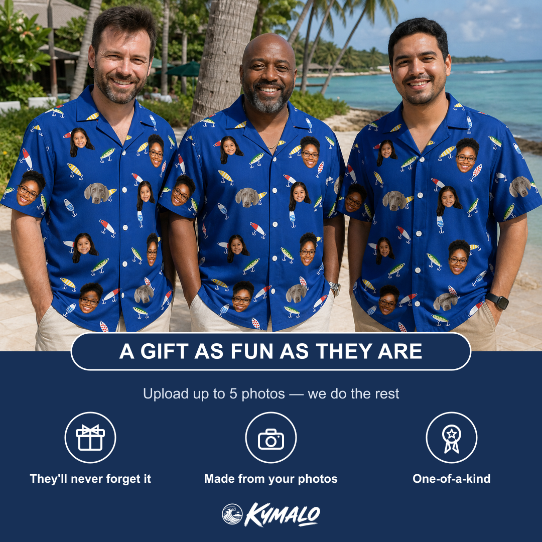 Friends in matching Men's Lure Lore Custom Face Hawaiian Shirt — a group gift photo