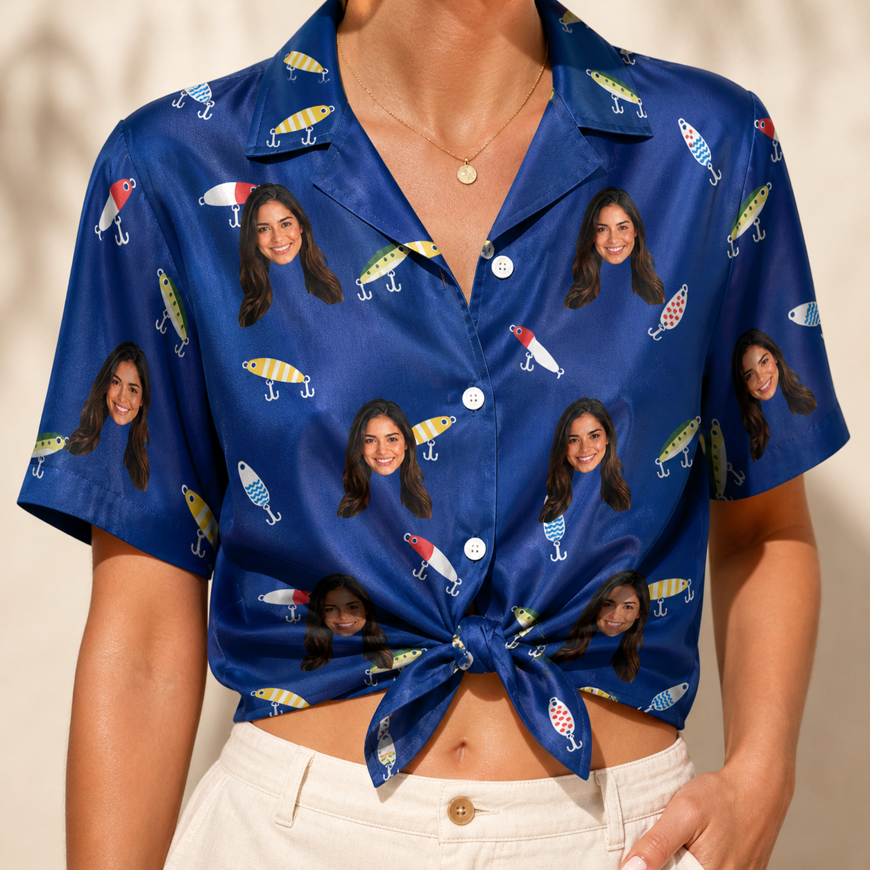 Woman wearing Women's Lure Lore Custom Face Hawaiian Shirt tied at the waist